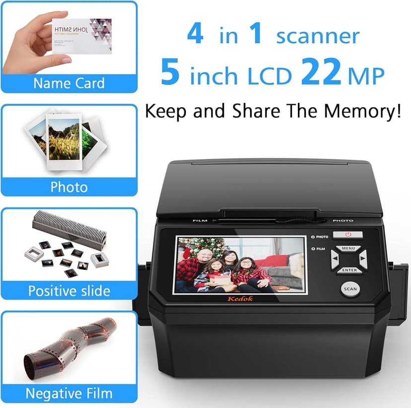 KEDOK Photo,NameCard,Slide & Negative Scanner with Large 5" LCD Screen,Film and Slide Digitizer-Convert 35mm,110 Film/Photo(3R,4R,5R)/NameCard to 22MP Digital JPEG-8GB SD Card Included