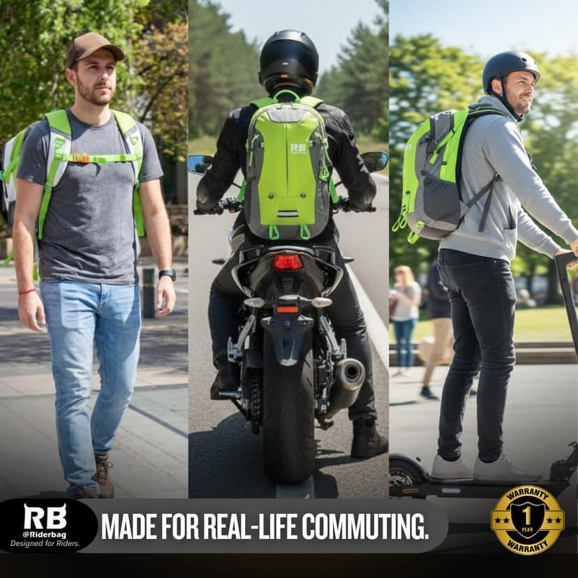 Reflective Motorcycle Backpack – Hi Viz EDC Commuter Bag for Riders, Night Travel, and Daily Use with Helmet Holder, Laptop Compartment, Ventilated Back, Urban Gear (green backpack)