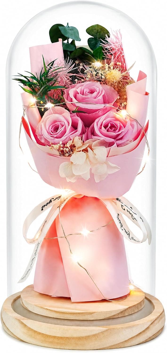HVY Preserved Flowers Gifts for Her,Preserved Rose Bouquet in Glass Dome,Forever Flowers Fresh Bouquet Present for Women Mothers Day Birthday Gifts for Mom Wife Grandma,Pink Real Rose B0CQKXRQWD