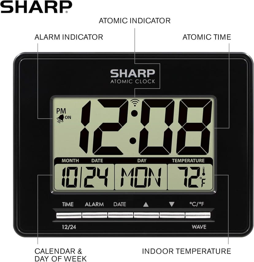 Sharp Atomic Desktop Clock – Auto Set Digital Alarm Clock - Atomic Accuracy - Easy to Read Screen with Time/Date/Temperature Display- Perfect for Nightstand or Desk