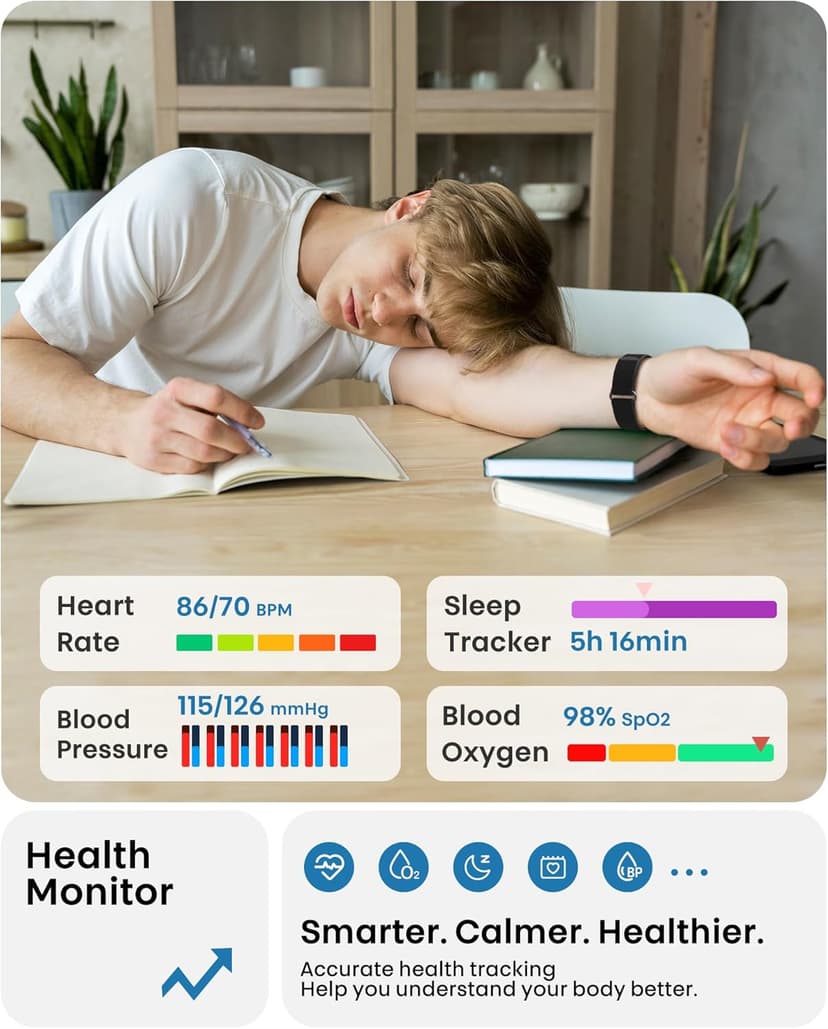 Smart Bracelet, Health Fitness & Activity Tracker with All-Day Continuous Heart Rate/Blood Pressure Monitor, Sleep Tracker, 170+ Sport Modes, 60 Day Battery & Free App, IP68 Smart Band for Android IOS