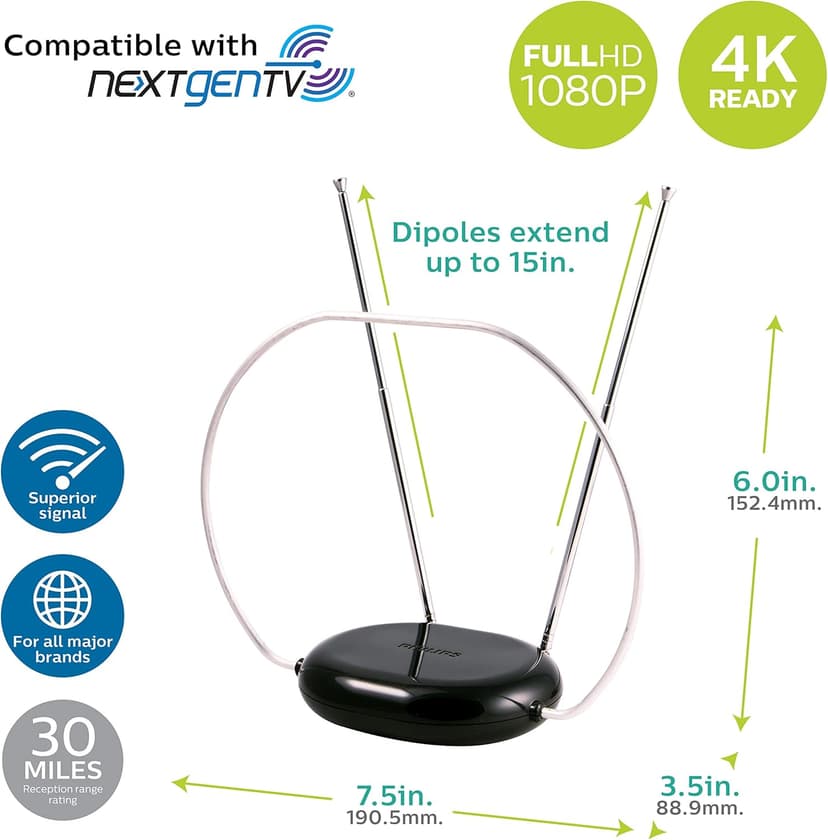 Philips Rabbit Ears Black Indoor TV Antenna, Dipoles and Circular Loop, Tabletop, Digital, Smart TV Compatible, HDTV, 4K 1080P VHF UHF, 5Ft Coaxial Cable, SDV8201B/27