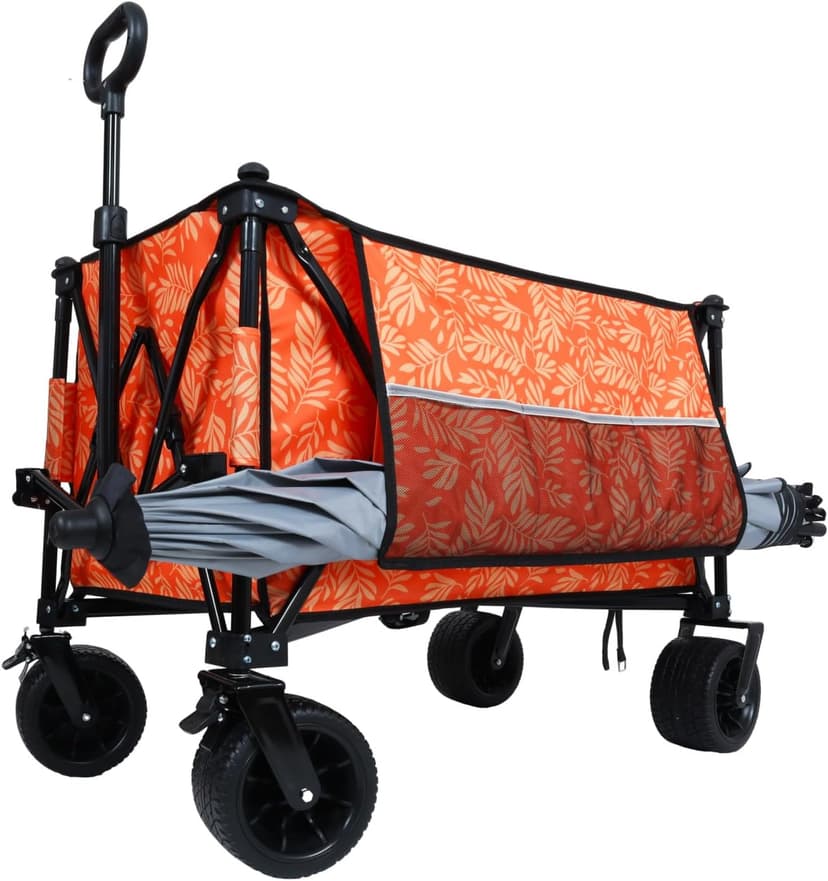 480Lbs Collapsible Wagon with Canopy, 7" All-Terrain Wheels, Orange Steel Push or Pull Versatility Camping, Shopping, Sports, Garden Stylish Design