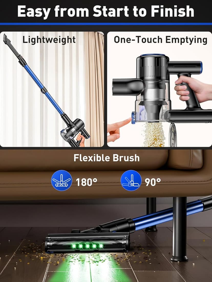 Cordless Vacuum Cleaner, 45KPA 8 in 1 Lightweight Vacuum Cleaners for Home, 50Mins Anti-Tangle Stick Vacuum, LED Display, Rechargeable Vacuum for Pet Hair/Carpet/Floor (Blue)