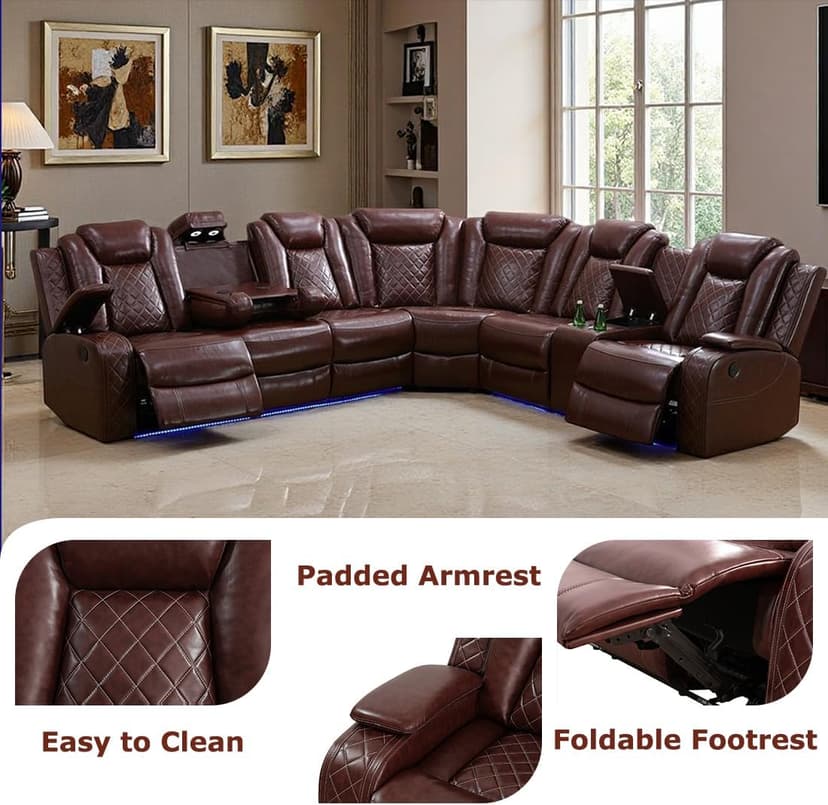 Toseslo Power Reclining Sectional Sofa Set with LED Light,Leather Sectional Couches, Living Room Furniture Sets, Modern Power Recliner Sofa Sets with Cup Holder for Living Room(Brown)