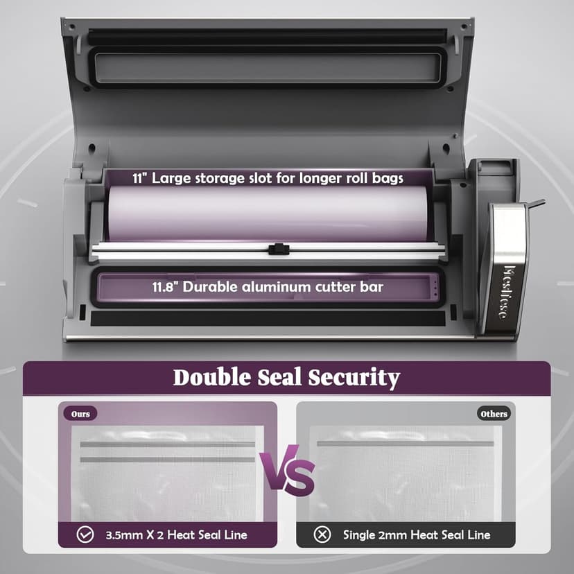 Mesliese Vacuum Sealer Machine, Powerful 95kPa 140W One Hand Operation Food Sealer, Double Seal Strip with Build-in Cutter & Countdown Display