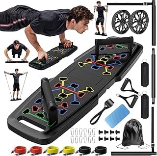 Push Up Board,Home Gym,Portable Exercise Equipment,Pilates Bar and 20 Fitness Accessories with Resistance Bands and Ab Roller Wheel,Full Body Workout at Home