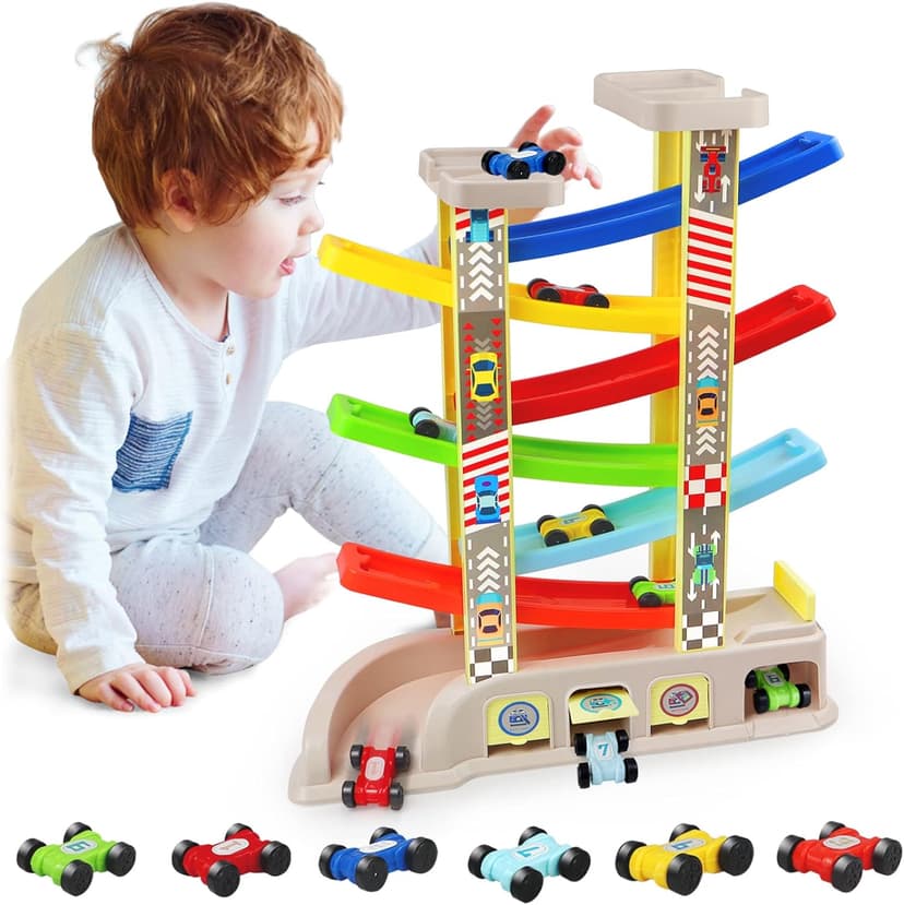 Race Track with Garages and Parking Lots, Car Toys Birthday Gift for Boys Girls Age 18+ Months, Preschool, Fine Motor Skills Montessori Toys for 2 3 Year Old Boys Toddlers, Car Ramp Toys with 6 Cars B08ZN3W7DV