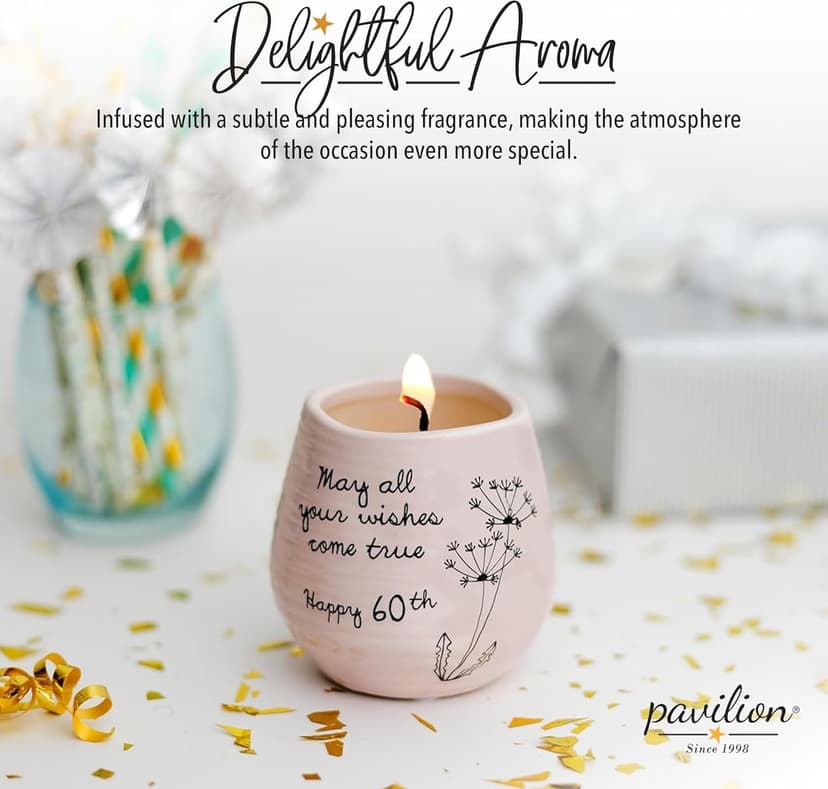 Pavilion - 8 Oz Candle Holder - Pink Ceramic Candle Jar with 100% Soy Wax Candle Serenity Scent "May all your wishes come true Happy 60th" Ideal Gift for Loved Ones - Printed Text, Love Theme & Oval