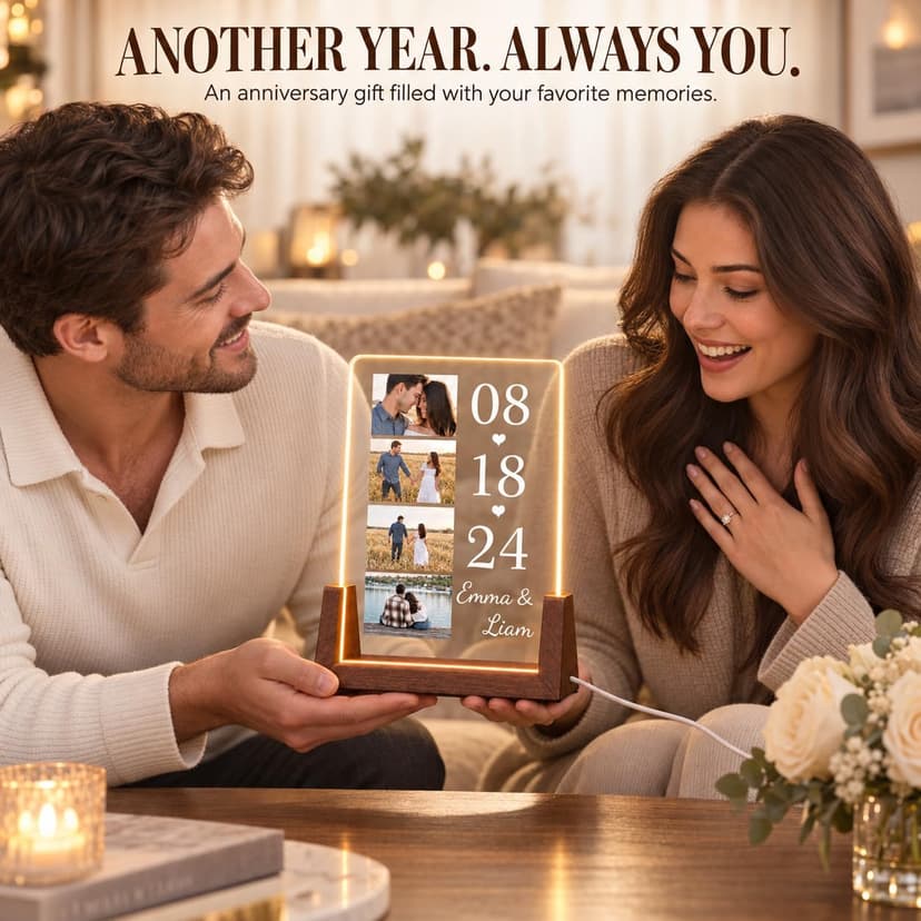 Personalized Couple Gifts, Custom Acrylic Photo Plaque with 4 Photos, Names & Date, Anniversary Keepsake with Wooden Base, Birthday Gifts for Wife, Husband, Girlfriend or Boyfriend B0HJZ6XZV6