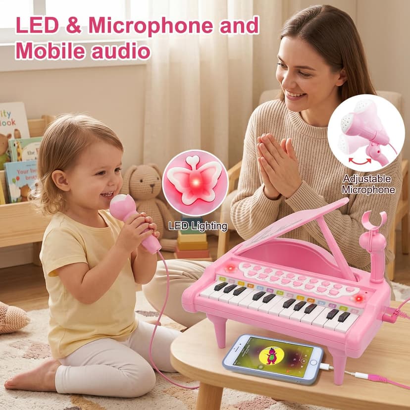 Kids Piano with 22 songs, 8 Percussion Sounds, LED lights, 4 Instrument Modes and Connect to MP3, Phone & Tablet Love&Mini Piano Toys for Girls, 24-Key with Mic, Record & Playback, Ages 3+ B08RB4H9ZN
