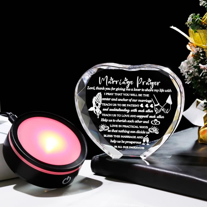 YWHL Wedding Gifts for Couples Crystal Heart Anniversary Marriage Prayer Plaque with Colorful LED Base Wedding Gift with Inspiring Quotes, Unique Newlywed Gifts Mr and Mrs Gifts Bridal Shower Gifts
