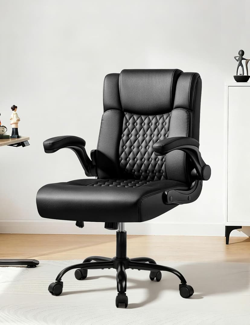 Executive Office Chair, Ergonomic Home Office Desk Chair with Lumbar Support & Flip-up Armrest, PU Leather Computer Seating for Shorter Users, Black
