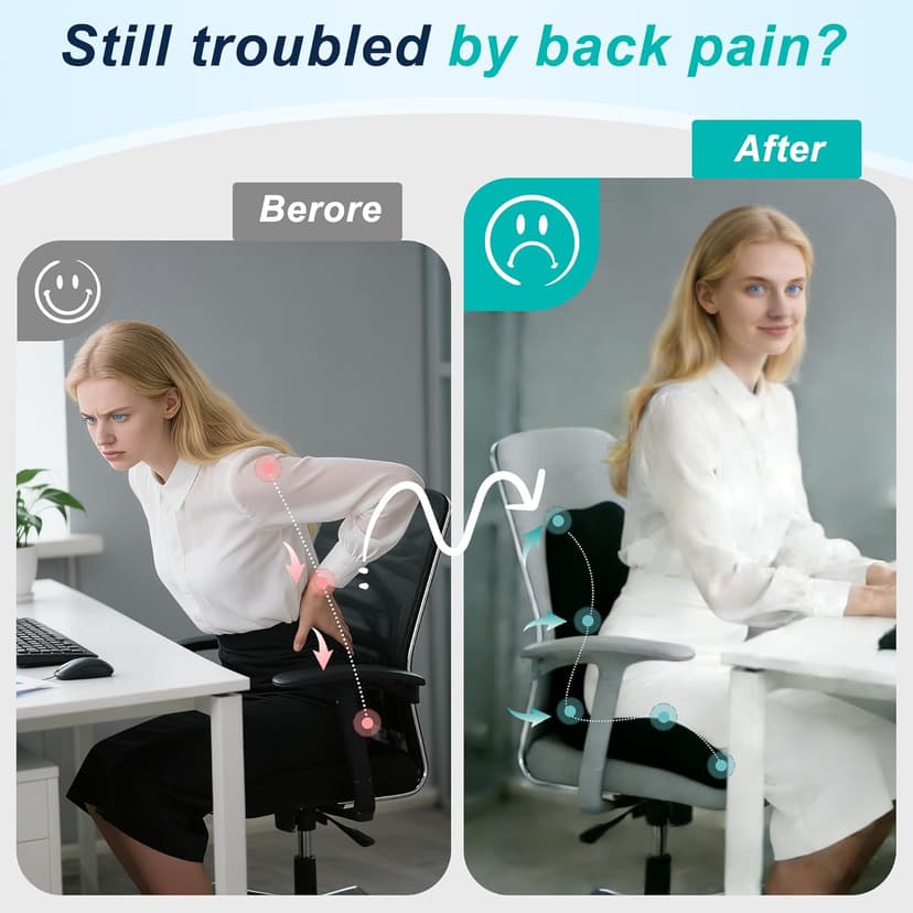 Seat Cushion for Office Chair and Car, Lumbar Support Pillow for Office Chair, Memory Foam Ergonomic Seat Cushion for Long Sitting, Back & Tailbone Pain, Sciatica - Black