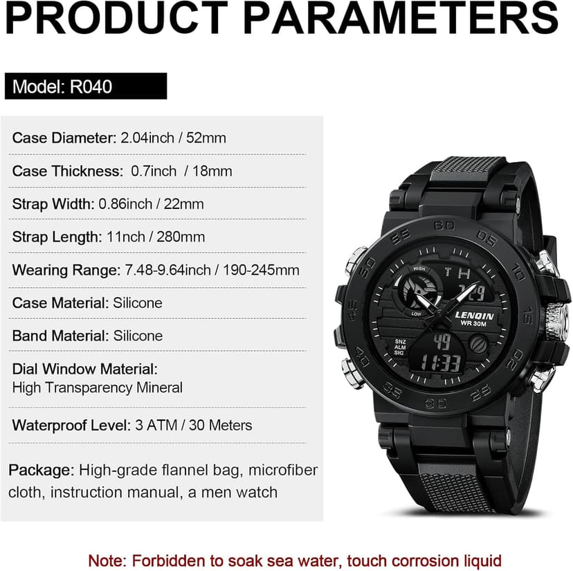 LN LENQIN Mens Watches Digital Military Watch for Men Stopwatch Army Survival Tactical Sports Outdoor Big Face Waterproof Men's Wrist Watches with LED Backlight/Timer/Alarm/Date