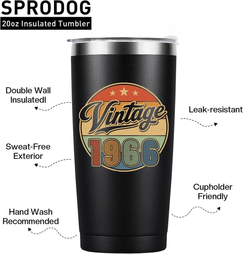 Vintage 1966 20 oz insulated tumbler for a 60th birthday; 18/8 stainless steel, leak-resistant lid, 6h hot/12h cold. 60th Birthday Gifts for Men 20oz Vintage 1966 Tumbler B0HDN44TTW