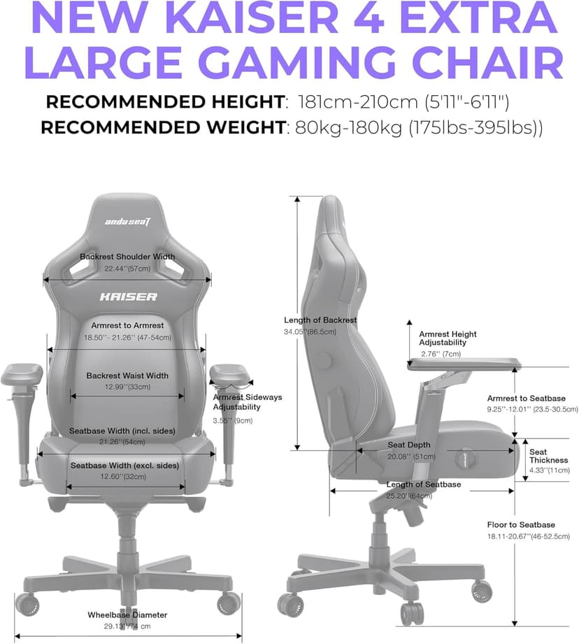 Anda Seat Kaiser 4 XL Gaming Chairs for Adults - Ergonomic Gray Fabric Gaming Chairs with 6DArmrest, Comfortable Office Seat with Lumbar Support, Heavy Duty Wide Gamer Seat