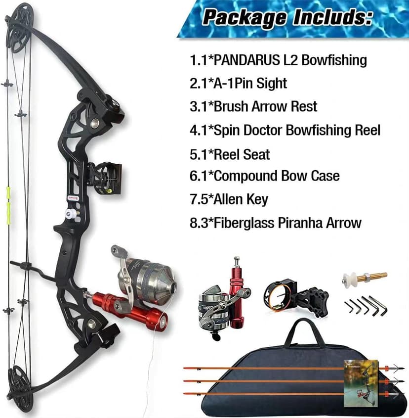 Bowfishing Bow Kit with Arrow Ready to Shoot Right Handed 15-45 LBS Draw Length 18"-29.5" Adjustable,Axle-to-Axle: 34.2",Complete Compound Bow Fishing Kit 2024 New