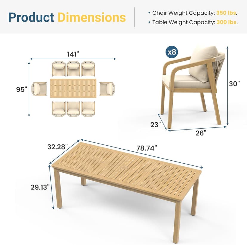 Wisteria Lane 9 Pieces Acacia Outdoor Patio Table and Chairs Set for 8, Patio Outdoor Dining Table Set with Cushion, Modern Outdoor Patio Table Set for Lawn Backyard Garden Deck, Beige