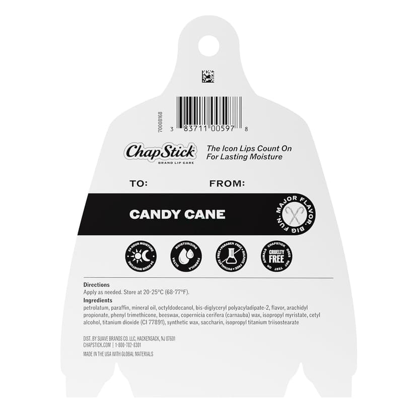 0.15 oz Each, Limited Edition Seasonal Stocking Stuffer, Peppermint Flavored, 24 Hour Moisture to Hydrate Dry, Chapped Lips ChapStick Candy Cane Flavored Lip Balm Sticks, Holiday Gift Set, 4-Pack B0GCQKBZMC