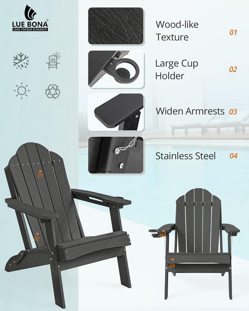 LUE BONA Folding Adirondack Chair, Chairs Set of 4, Cup Holder, Woodgrain, Fire Pit, Patio, Pool, Black