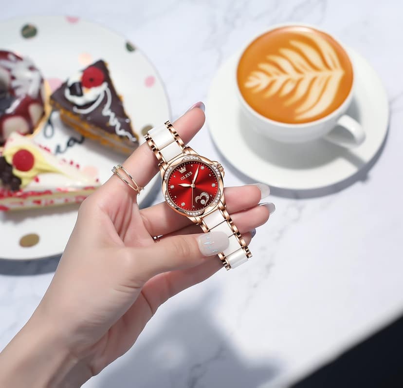 OLEVS Automatic Watch for Women Luxury Diamond Rose Gold Ladies Self Winding Mechanical Ceramic Wrist Watch Love Heart Date