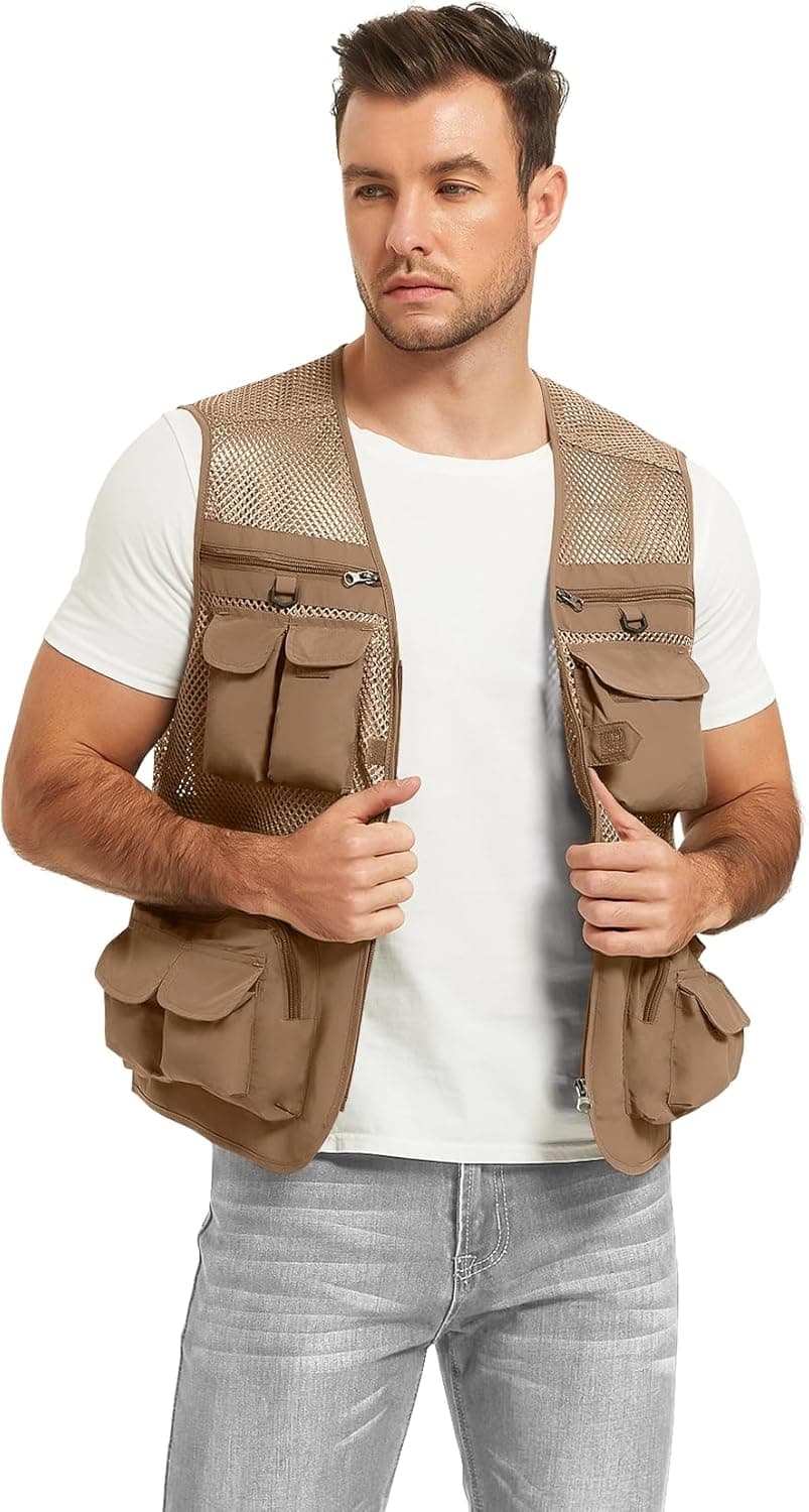 Flygo Men's Fishing Vest Utility Lightweight Outdoor Travel Safari Photo Cargo Vest with 16 Pockets
