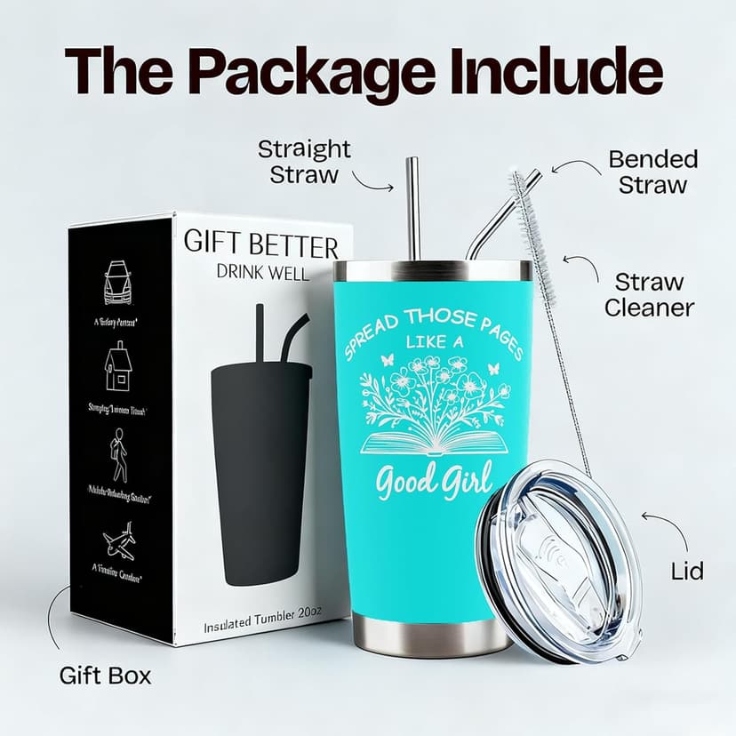 Book Lovers Gifts for Women - 20oz Stainless Steel Tumbler with Lid Straws, Perfect Bookish Gift for Readers, Book Club Gifts, Reading Accessories for Bookworms