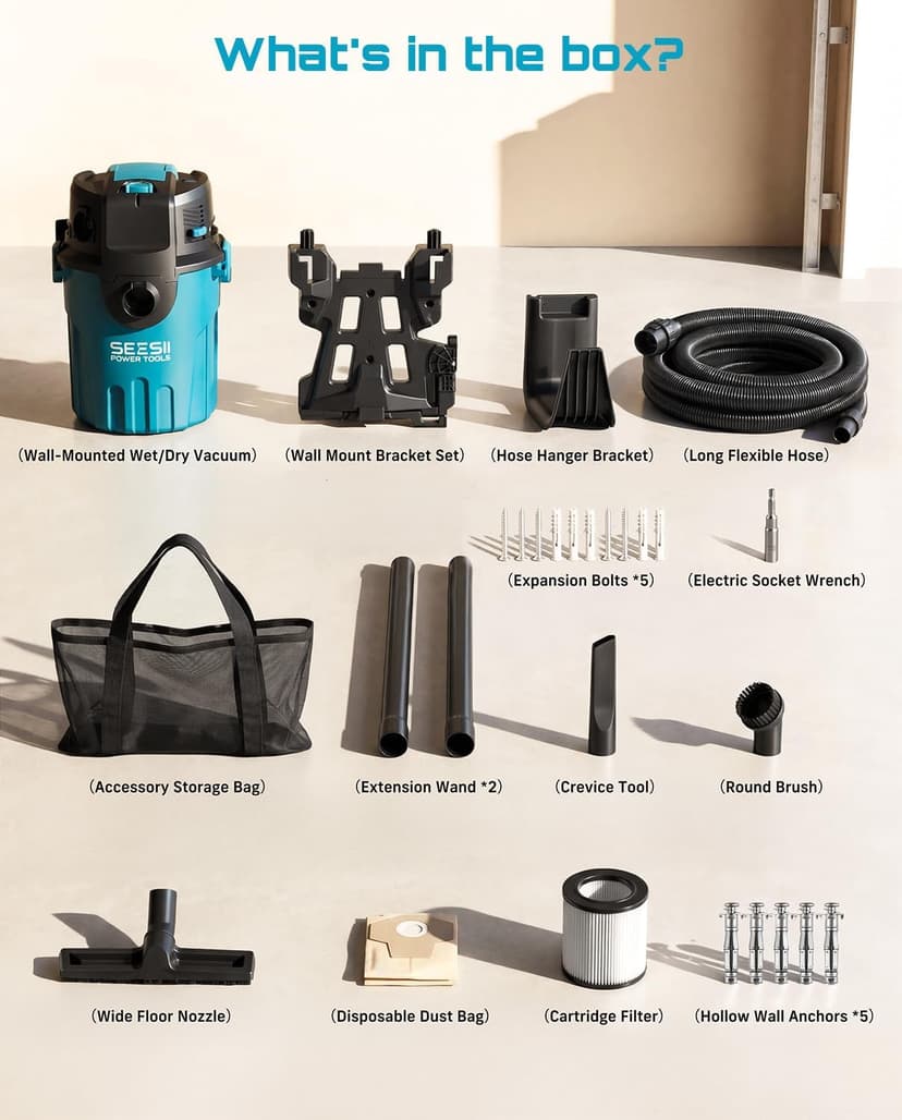 Seesii Garage Vacuum Wall Mounted Shop Vac, 6.6 Gallon 5.5 Peak HP Shop Vacuum Wet and Dry with 30Ft Flexible Hose, Attachments, Storage Bag, Cartridge Filter Ideal for Garage, Car, Workshop, Home