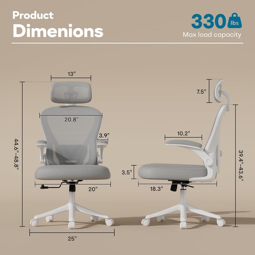 SeekFancy Ergonomic Office Chair M903, Computer Desk Chair with Wheels, High Back Mesh Office Chair with Adjustable Lumbar Support, Headrest, Flip-Up Armrests, White Grey