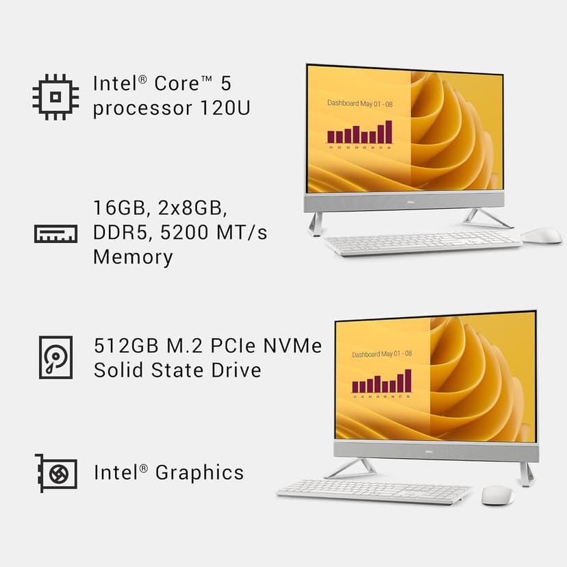 Dell 27 All-in-One Desktop ec27250-27-inch FHD (1920 x 1080) Display, Intel Core 5 Processor 120U, Intel Graphics, 16GB DDR5 RAM, 512GB SSD, Windows 11 Home, Onsite Service - White