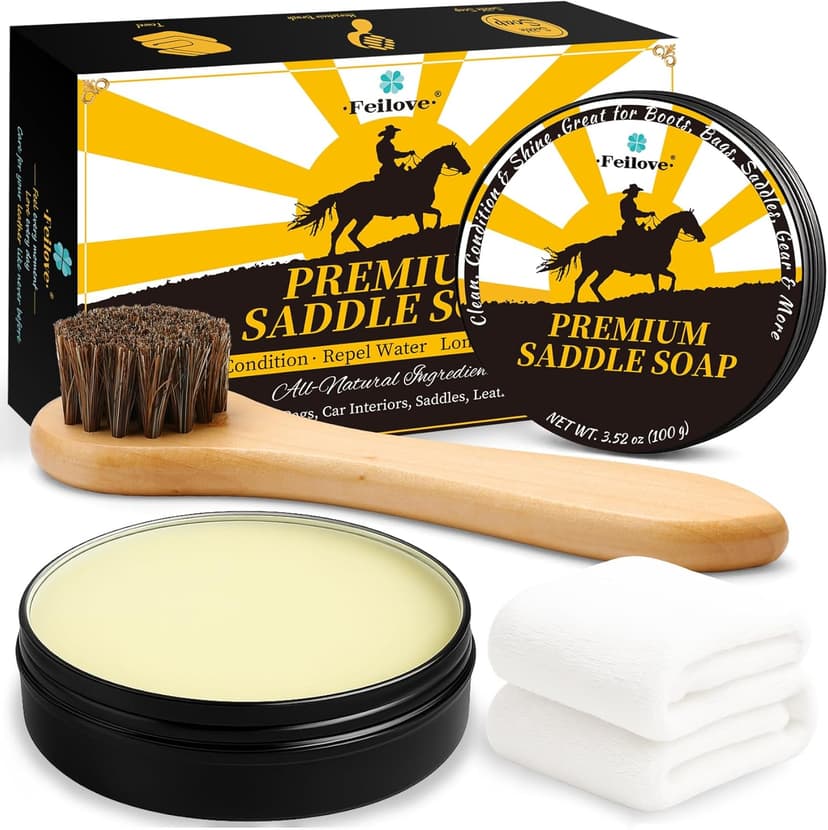 Feilove Saddle Soap for Leather – All-Natural 3-in-1 Leather Cleaner & Conditioner Kit with Horsehair Brush & Cloth – For Boots, Bags, Saddles, Car Interiors, Shoes 3.52oz