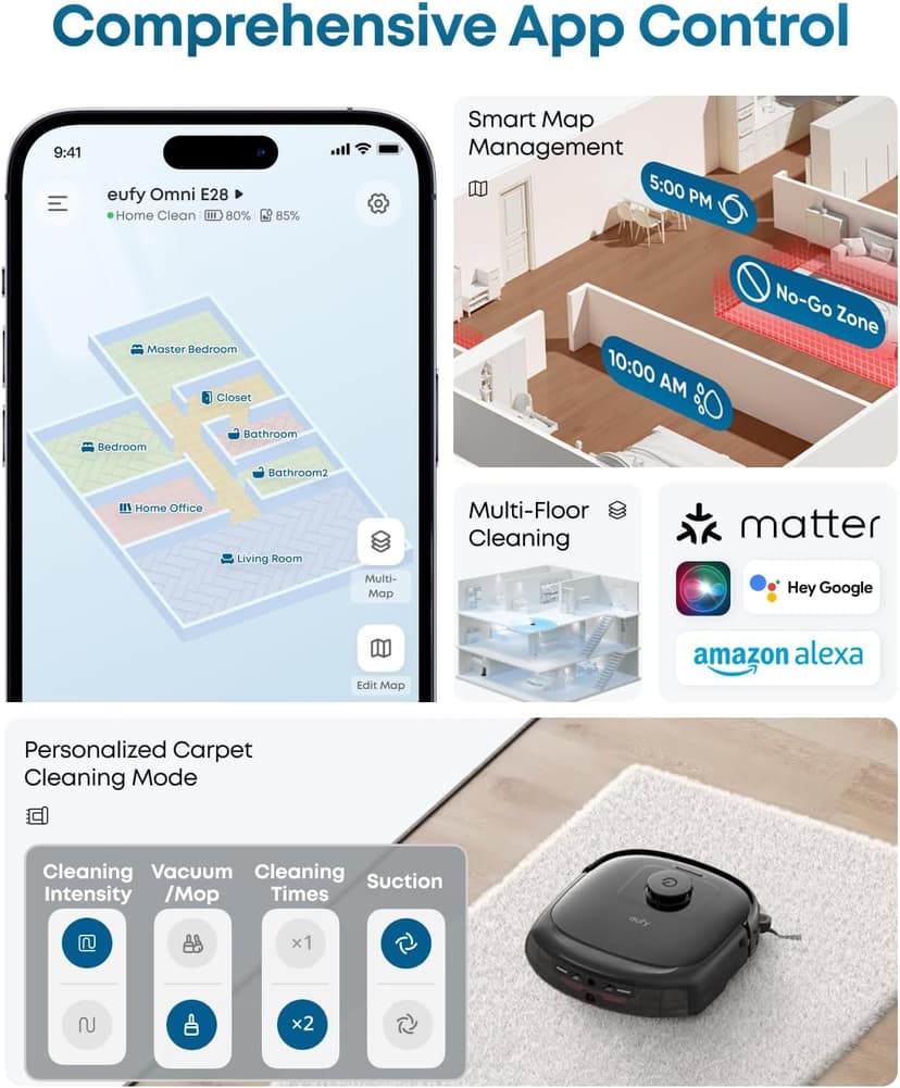 eufy Robot Vacuum E28, Portable Carpet for Deep Cleaning, HydroJet System with Roller Mop, All-in-One Robot Vacuum and Mop Combo, 20,000 Pa Suction, Zero-Tangling, Corner-to-Edge Cleaning (Upgraded)