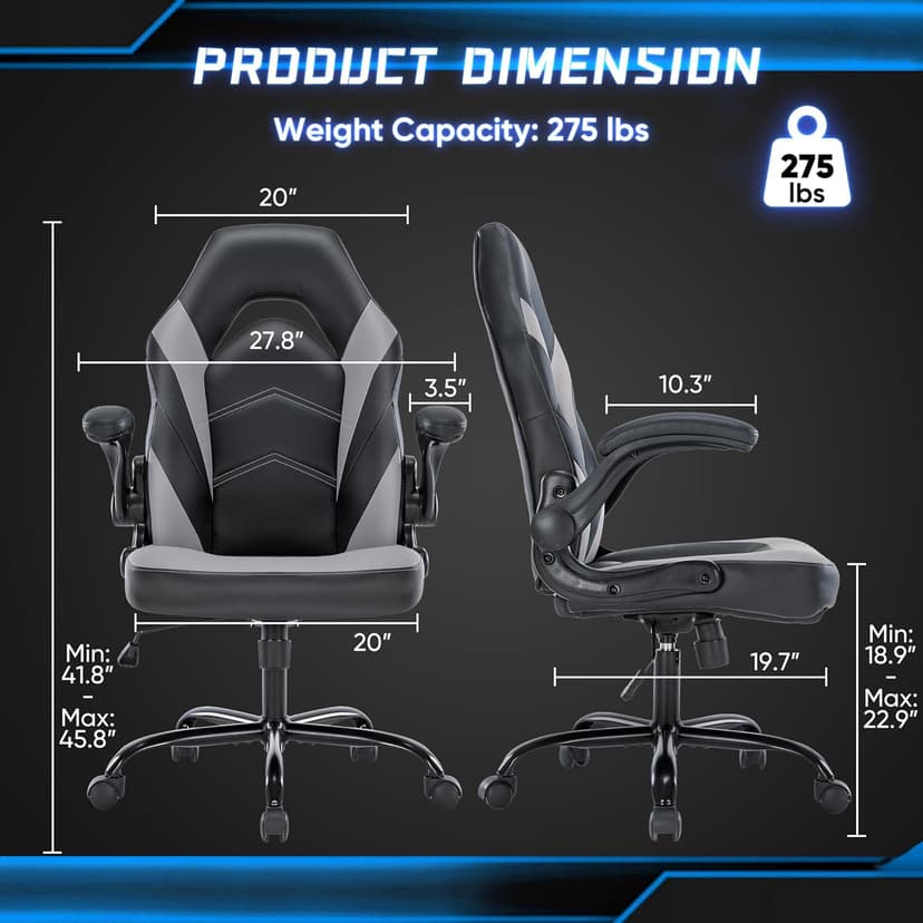 OLIXIS Big and Tall Office Desk Leather Gaming Computer Chair with Adjustable Swivel Task and Flip-up Arms for Adults, Teens, Black and Grey