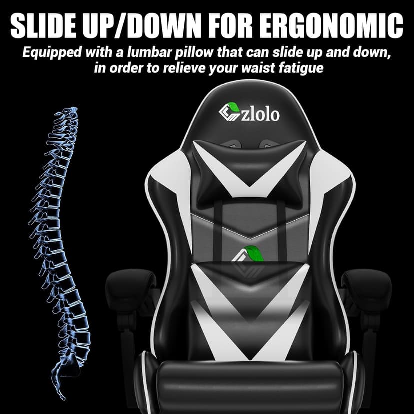 Czlolo Gaming Chair with Footrest Racing Style Lumbar Support Massager Video Game Chair with Metal Legs, High Back Reclining Gamer Chair with Headrest, 360° Swivel Office Computer Desk Chair (White)