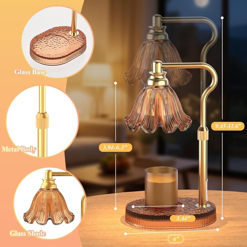 Flameless Electric Wax Warmer for Jar Candles, Includes 2 Bulbs, Brown, Home Decor Gift for Men & Women, Housewarming Flower Candle Warmer Lamp with Timer & 4-Level Dimmer, Adjustable Height B0F47HJQKV