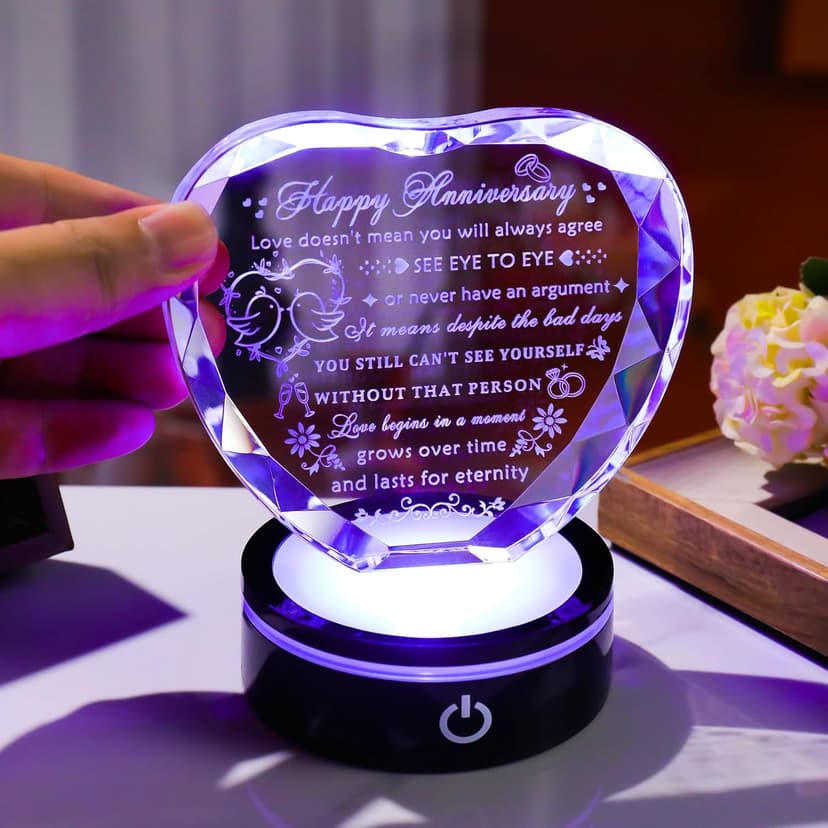 YWHL Wedding Anniversary Crystal Heart Gifts for Couple Parents, Happy Anniversary Marriage Gifts for Wife Husband Him Her Men Women with LED Base Romantic Presents for Girlfriend Boyfriend