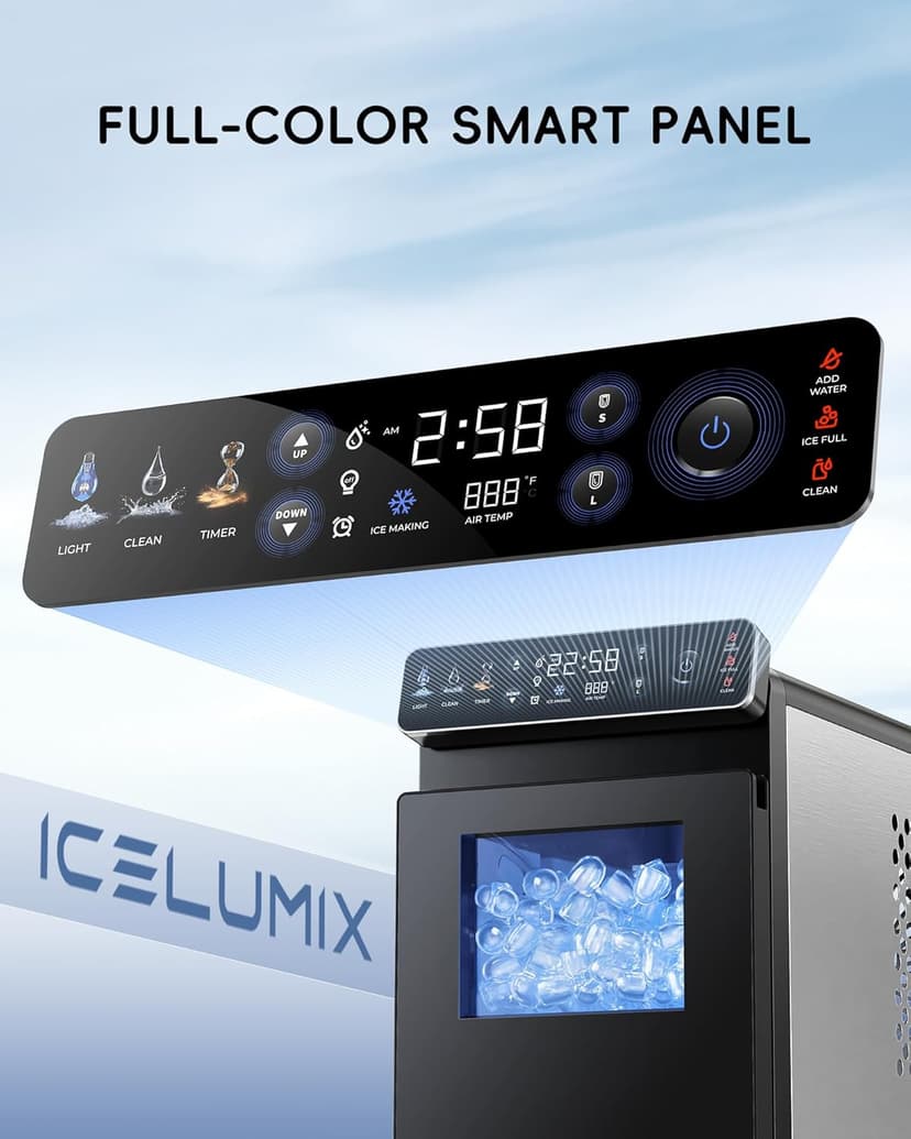 ecozy Ice Makers Countertop, Ultra Slim Design with Full-Color Panel, Internal Lights, 26 lbs/24H, Timer Ice Making, Two Ice Sizes, Portable Self-Cleaning Ice Machine for Home/Kitchen/RV