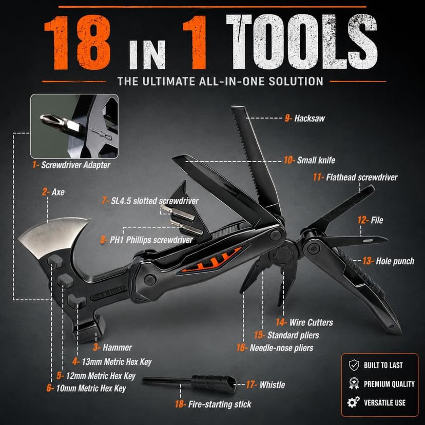 18-in-1 Multitool Hatchet Camping Axe with Hammer & Knife with Protective Sheath, Survival Gear for Men Dad, Emergency Car Tool & Hiking Accessories, Cool Gadgets for Outdoor Hiking Emergency