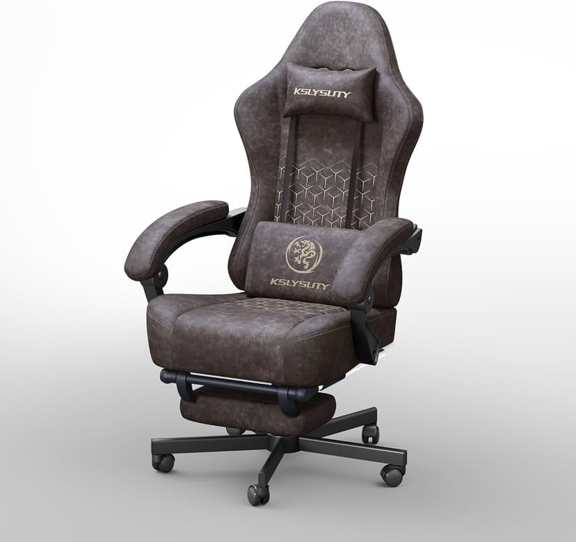 Kslysuty Gaming Chair Breathable Leather with Pocket Spring Cushion,Wide and High Ergonomic Office Chair with Headrest,Computer Gaming Chair with Footrest for Adult and Teen,Brown