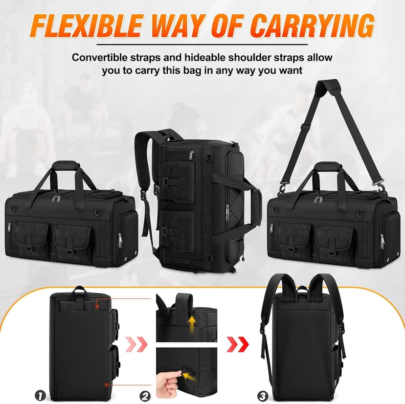 RAINSMORE Gym Bag for Men, 45L Large 3 in 1 Sports Duffle Bag with Shoes Compartment & Wet Pocket Water-Resistant Sports Travel Weekender Bag Multipurpose Carry On Overnight Tactical Backpack, Black