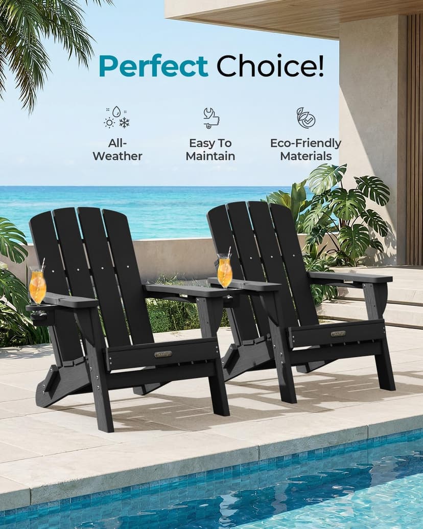 Folding Adirondack Chair, HDPE All-Weather Fire Pit Chairs, Plastic Adirondack Chairs with 2 Cup Holder, Outdoor Lawn Chair for Patio Garden (Black)