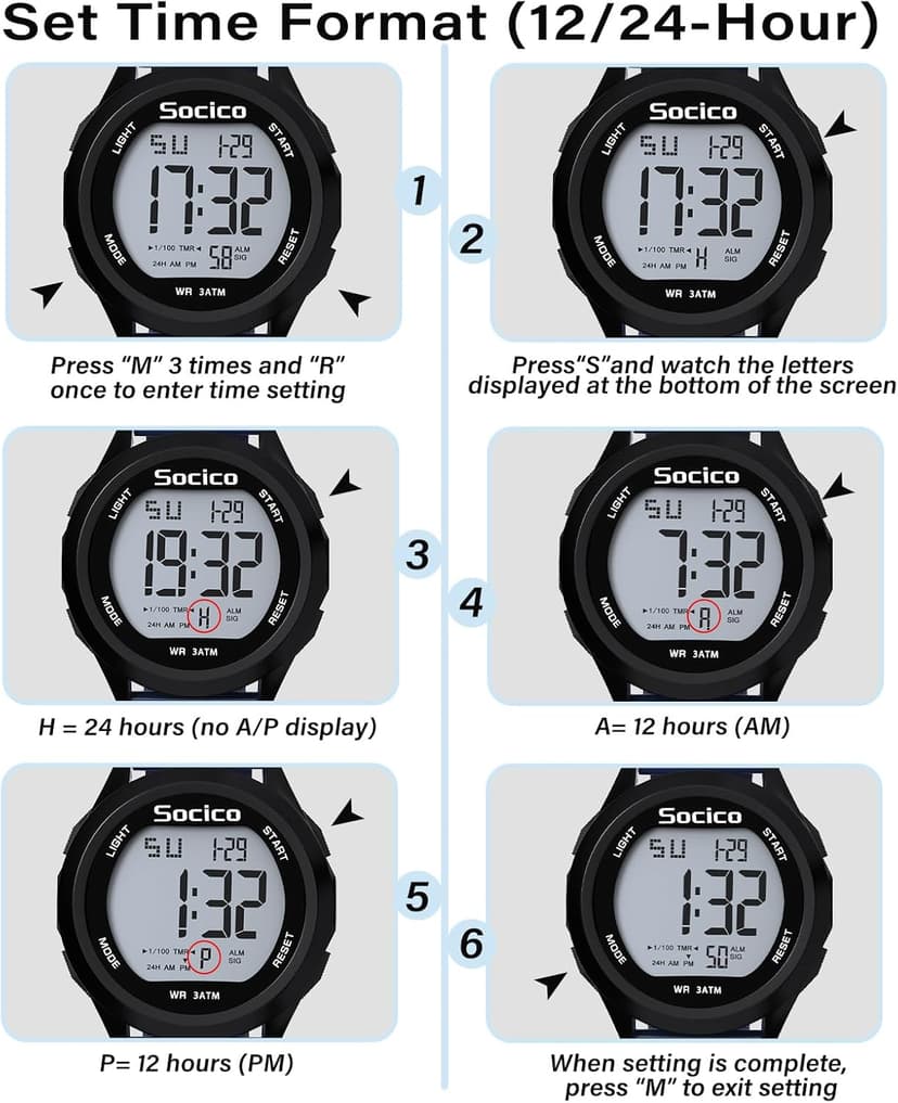 SOCICO Mens Digital Watch Sports Waterproof Outdoor Large Face Military Watches with Stopwatch Back Light Alarm Date Display