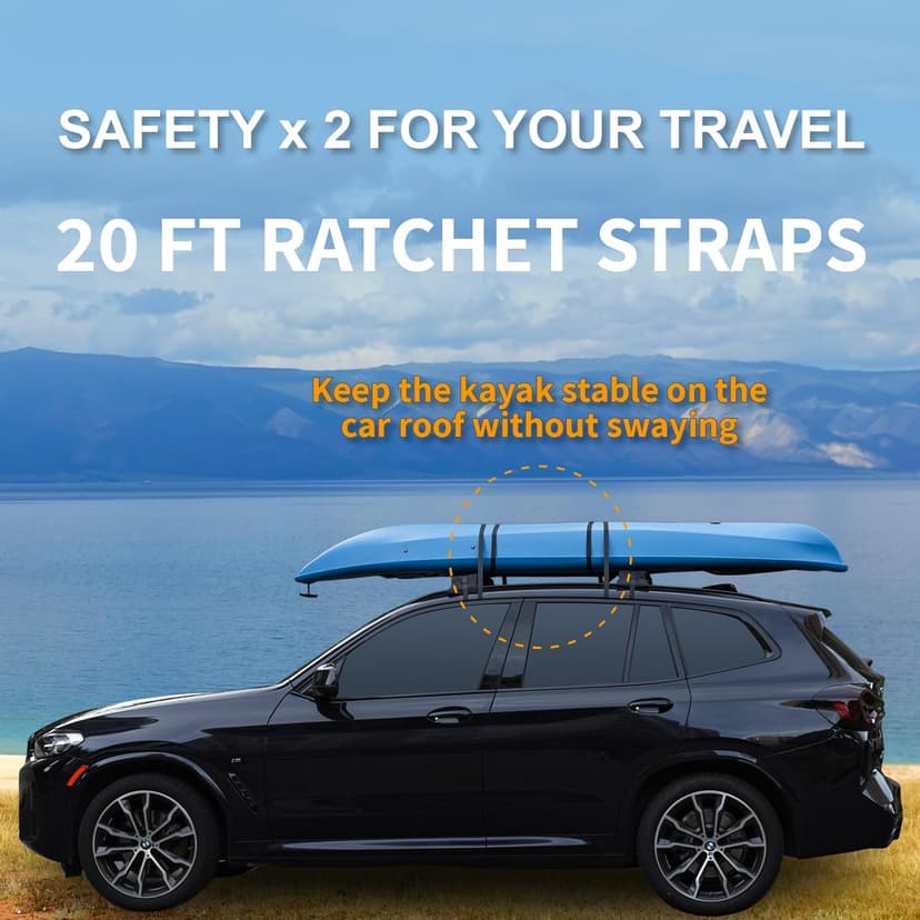 Universal Car Soft Kayak Roof Rack Pads for Kayak Surfboard SUP with 20FT Durable Tie-Down Straps, 2 Tie Down Rope, 4 Quick Loop Straps