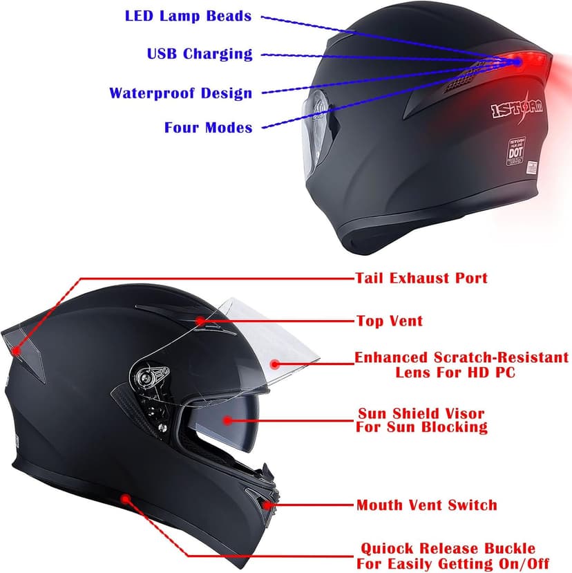 1Storm Motorcycle Street Bike Dual Visor/Sun Visor Full Face Helmet Mechanic with LED Tail Light: Matt Black