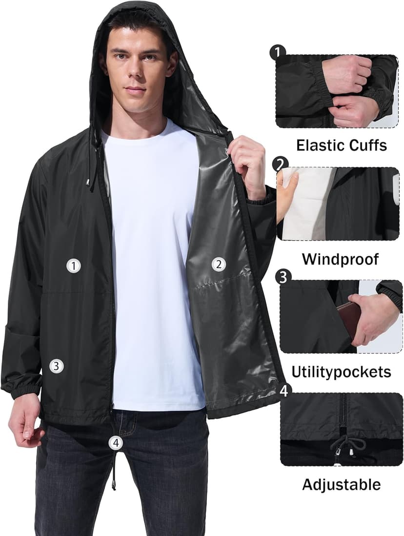 UIQUR Mens Rain Jacket Raincoat Windbreaker Running Waterproof Lightweight Packable with Hood Travel Hiking Cycling