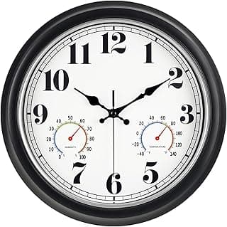 45MinST 13-Inch Vintage Outdoor Wall Clock with Thermometer and Hygrometer, Waterproof, Large Numbers, Silent, for Indoor and Outside Use,Porch,Garden,Pool(Black Frame with Silver Trim)
