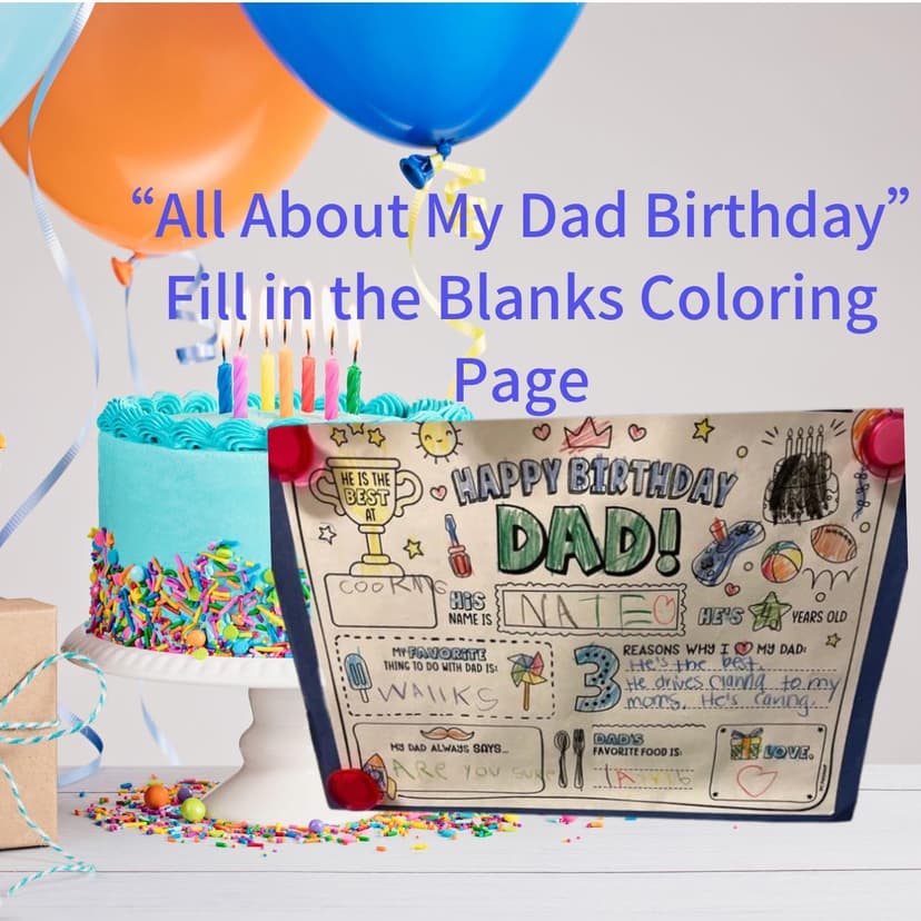 CJ&M Happy Birthday Dad Coloring Page | All About Dad Fill In Template | Father’s Birthday Activity | Dad’s Birthday Card for Kids.Perfect craft gift from kids for Father’s Birthday.