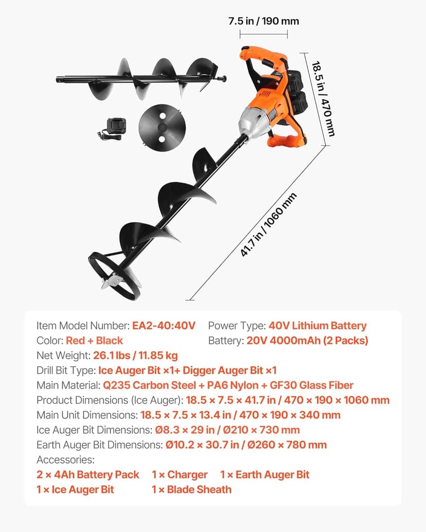 VEVOR 20V/40V Electric Ice Auger, 8 inch Diameter, 2 in 1 Battery Powered Ice Fishing Augers and Earth Auger Combo with Top Plate, Turbo High-Speed Cutting System and Blade Guard