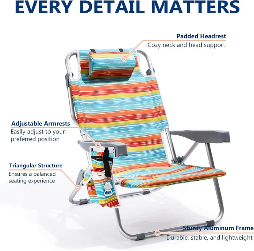PASAMIC Backpack Beach Chair for Adults Portable, Lay Flat Reclining Beach Chair with 5 Positions, Tall Heavy Duty Folding Chairs with Cup Holder, Cooler Pouch, Towel Bar, Multicolor Stripe